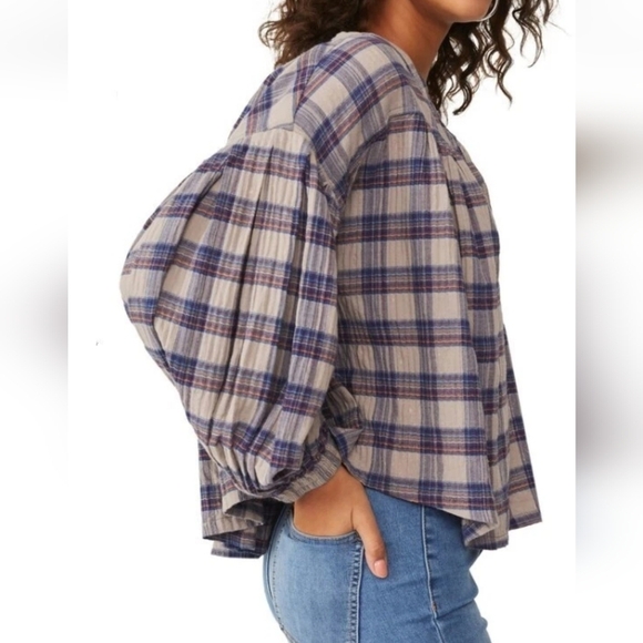 Free People We The Free Jessi Plaid Pleated Trapeze Top Balloon Sleeves Large - Picture 6 of 16